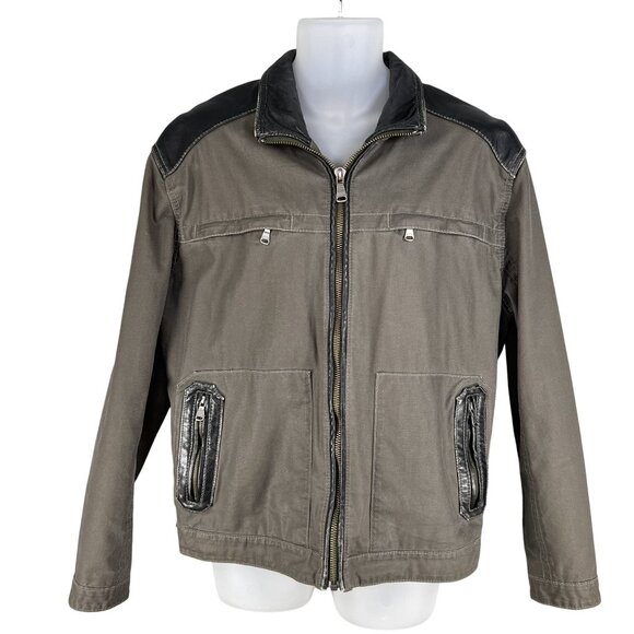 Tommy Bahama Mens XL Moto Canvas Jacket Black Leather Accents Zip Pockets Biker - Picture 2 of 16